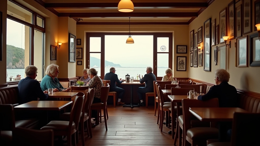 Cosy café interior with wooden tables, warm lighting, large windows overlooking village street with local customers
