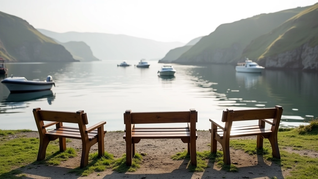Three wooden benches in a quiet cove area with calm water reflection, moored fishing boats, and rocky coastal cliffs in soft morning light