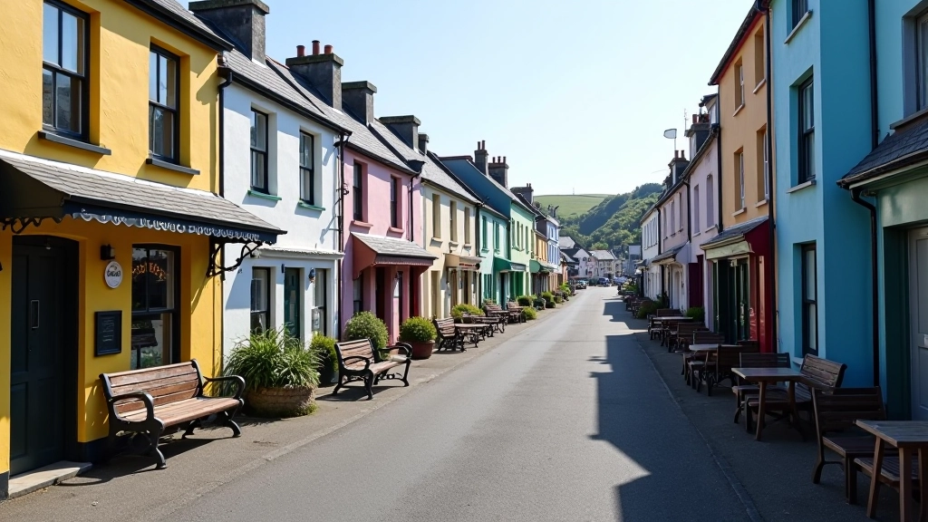Traditional Irish fishing village main street with colourful buildings and local shops