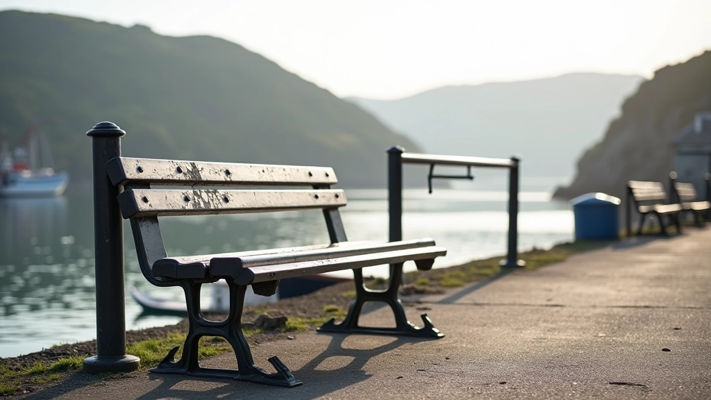 Four traditional metal benches at the end of Ballycotton pier with fishing boats and Atlantic Ocean in background, clear coastal morning light